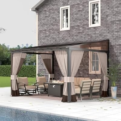 Gotland 10FTx12FT Outdoor Wall-Mounted Hardtop Pergola, Metal Frame Gazebo with Sloping Sun Panel Roof and Double Curtains for Patio, Garden, Lawn, Khaki