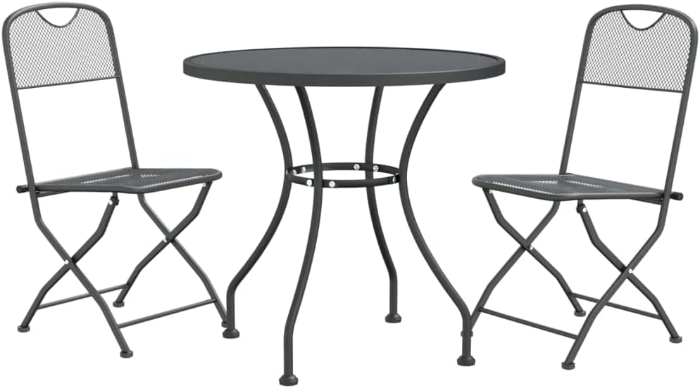 vidaXL Weather-Resistant 3-Piece Patio Dining Set with Foldable Chairs and Round Table, Durable Expanded Metal Mesh Construction, Modern Outdoor Furniture - Anthracite