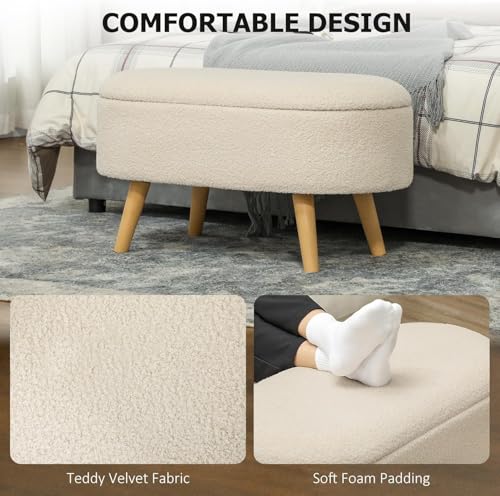 Image of Upholstered Ottoman Bench with Storage, Boucle Fabric, 39 Litre Hidden Storage, Heavy Duty 120 Kg Load Capacity, Multipurpose Seating for Living Room & Bedroom, Cream