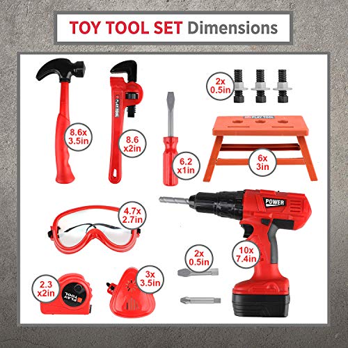 STEAM Life Kids Tool Set with Power Toy Drill - Toy Tool Set Contains Tool Box and Toy Hammer, Goggles, Power Drill and 11 More Play Tools (Red)
