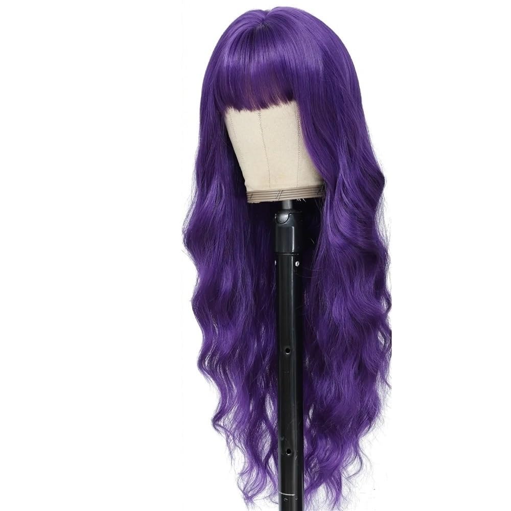 xiuling4568 Wig with Bangs for Women，Long Wavy Natural Looking Synthetic Hair Wigs for Daily Party Costume, 26 inch Hairs Extensions(Purple)