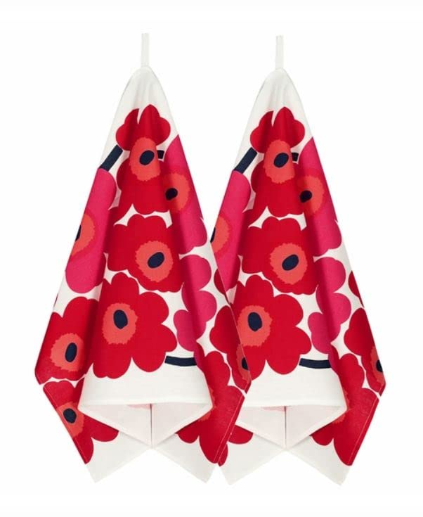 Marimekko Asciugamani, rosso/bianco/arancione, 47 x 70 cm, il set contiene due strofinacci in misto cotone e lino con il motivo unico. Materiale: 61% cotone, 39% lino.