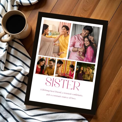 Image of Art Street Personalized Gift for Sister, Dad Photo Frame | 6 Image Collage with Custom Text, Customized Photo Frame for Brother, Wall Decor for Bedroom Living Room, A4 Size 8x12 Inch