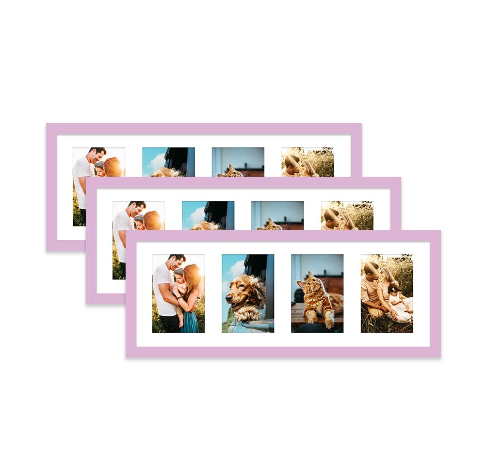Lilac Multi Photo Frame - Holds 4 x 6x4 Pictures, Family Collage Picture Frame for Wall Display, 8x22 Panoramic Frame Size, Set of 3
