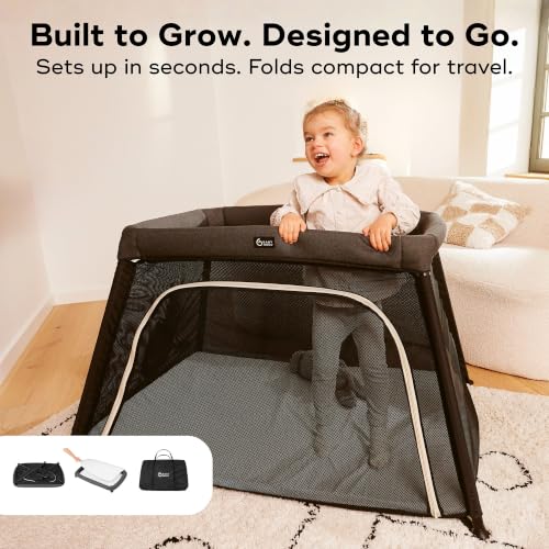 Image of Babymoov Moov & Comfy 3-in-1 Lightweight Travel Crib, Baby Play Yard, and Infant Bassinet, Charcoal Grey