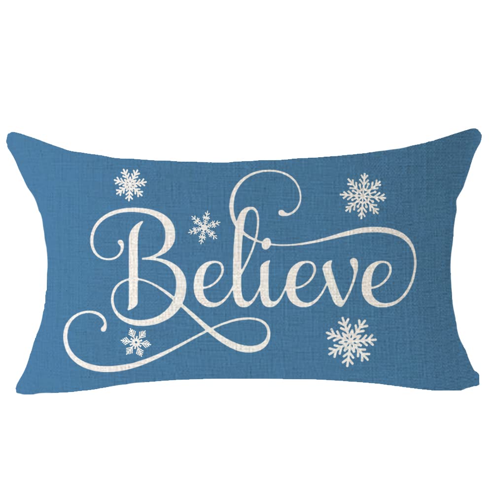 ITFRO Winter Gift Merry Christmas Snowflake Believe Holiday Blessed Lumbar Cotton Linen Throw Pillow Covers Cushion Case Sofa Home Decor Waist 12x20 Inches (Believe)