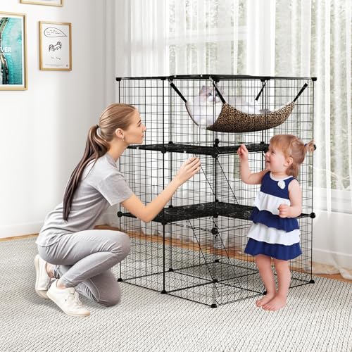 GYMAX 3 Ebenen Katzenkäfig faltbar, Katzengehege mit Oberlicht & Hängematte, Gitterkäfig aus Metall mit 3 abschließbaren Türen, Haustierspielplatz für Katzen & kleine Tiere (3 Etagen)