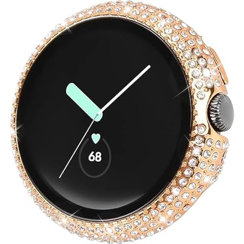 KONAFEI Compatible for Google Pixel Watch 3 41 mm/ Pixel Watch 2/1 Case with Screen Protector, Bling Protective Face Cover Tempered Glass Bumper Diamond Rhinestone Thin Hard PC Plated Frame (Rose Gold) Cover