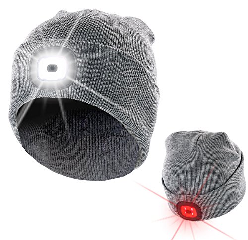 Lunartec Mütze mit Lampe: Graue Strickmütze mit weißen (vorne) & roten (hinten) LEDs (Leuchtmützen, Mütze Licht, wiederaufladbare Batterien)