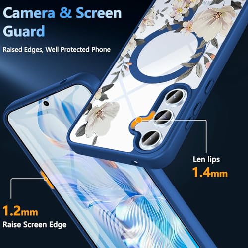 Image of VONZEE Compatible with Samsung Galaxy A16 5G Case Luxury Retro Flowers Floral Clear for Magnetic Wireless Charging Case Shockproof PC+TPU Cute Glossy Shiny Cover for Girls Women, Blue