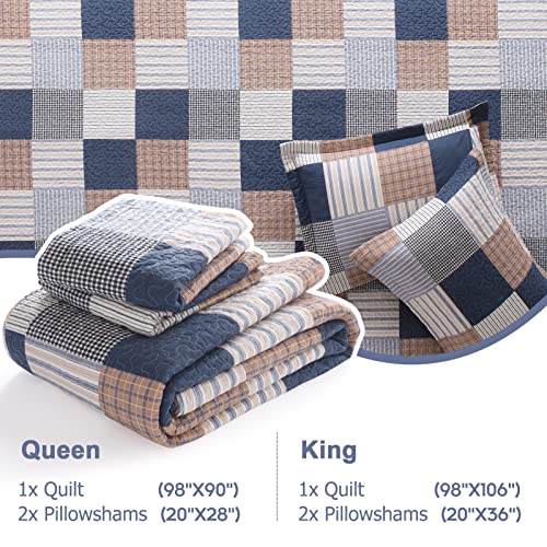 Image of Finlonte Quilt King Size - 100% Cotton King Size Comforter Set Navy Brown White Plaid Farmhouse Quilt Bedding Set, Reversible Lightweight Soft Bedspread, Quilted Coverlet All-Season, 3-Piece