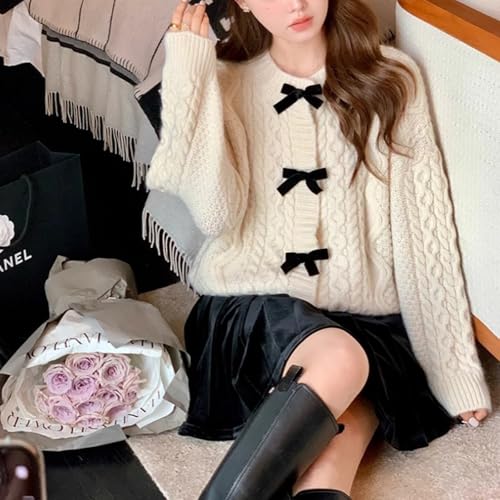 Womens Bow Knot Cardigan Sweater Long Sleeve Crew Neck Cable Knit Cardigan Coats Y2K Open Front Pullover Tops2