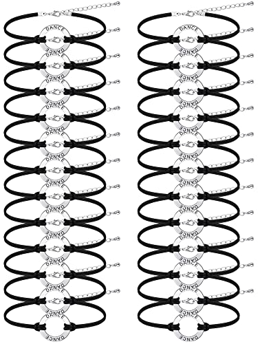 Funtery 24 Pcs Dance Bracelet Bulk Recital Gifts for Girls Team Charm Jewelry Wax Rope Adjustable Dancer Accessories(Black)