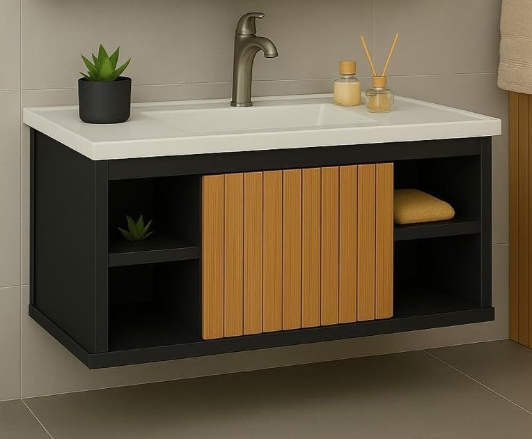 Conjunto Gabinete Cuba E Espelheira Para Banheiro Completo Com Nichos Porta Espelho (Preto/Ripado)
