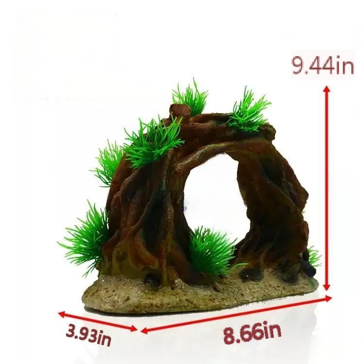 Adorno de Arco de Acuario Grande con Plantas Verdes, decoración de pecera, Puente de Cueva de Resina marrón, 9,44 x 8,66 x 3,93 Pulgadas, Paisaje de Acuario, Peso 1 LB