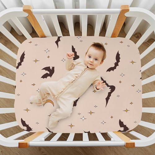 Image of CaTaKu Boho Halloween Bat Crib Sheets for Baby Girls Boys,Neutral Mini Crib Mattress Sheets Fitted, Baby Nursery Bed Sheet for Crib Toddler Mattress 27 inchx 39 inch