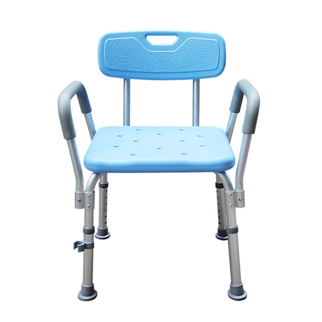 Taburete de ducha antideslizante de alta resistencia azul con respaldo, reposabrazos, silla de ducha de baño, taburete de ducha rectangular ajustable de aluminio for personas mayores, embarazadas, per