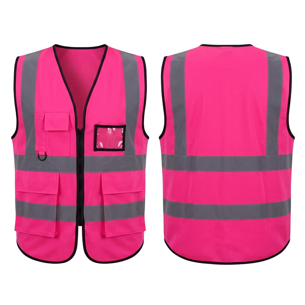 Pink Hi Vis Vest with Pockets – High Visibility Safety Vest for Women & Adults, Lightweight Breathable Hi Viz Vest for Running Cycling Work, Reflective Clothing for Night Safety