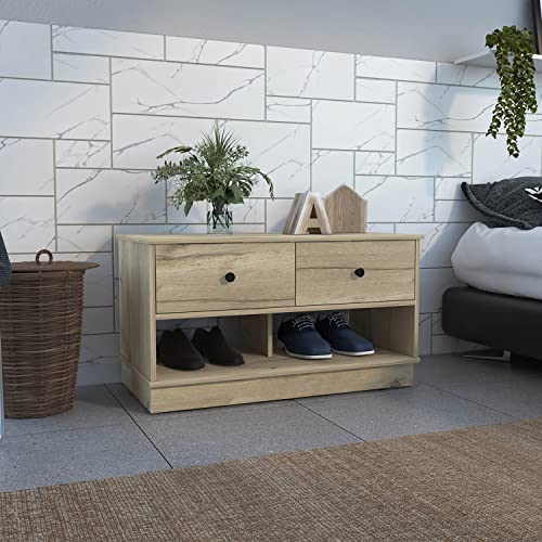 SHARK SHIP Stylish and Functional Storage Bench with Two Open Shelves and Drawers, Light Oak Finish