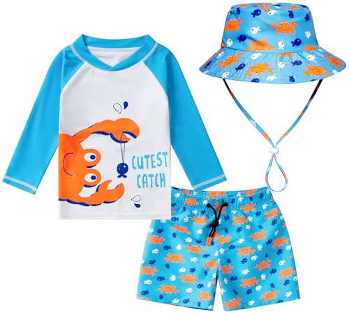 Image of Toddlers Baby Boys' 3-Piece Swimsuit Trunk Rashguard Set and Sun Hat Swimwear Bathing Suit UPF 50+