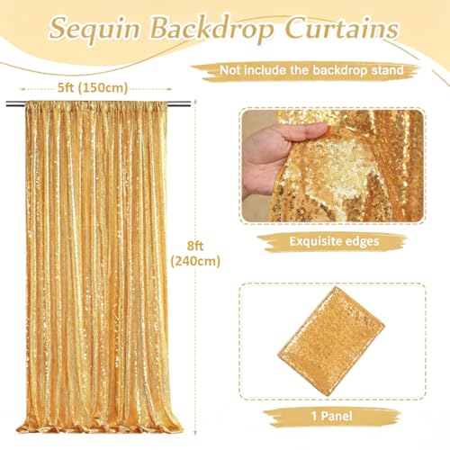 Image of Gold Sequin Backdrop Curtains-1 Panel 5FTx8FT Gold Backdrop for Wedding, Glitter Party Decorations Background Drapes for Birthday Party Anniversary Graduation Photo Booth Decor