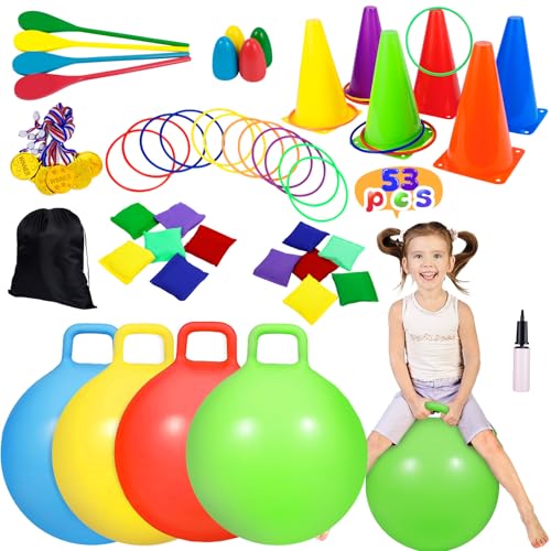CWLAKON 53PCS Carnival Outdoor Games Combo Set, Hopper Balls for Kids, Ring Toss, Bean Bags, Easter Games Egg Spoon Relay Race, Outside Yard Backyard Field Day Birthday Party Family Reunion Game