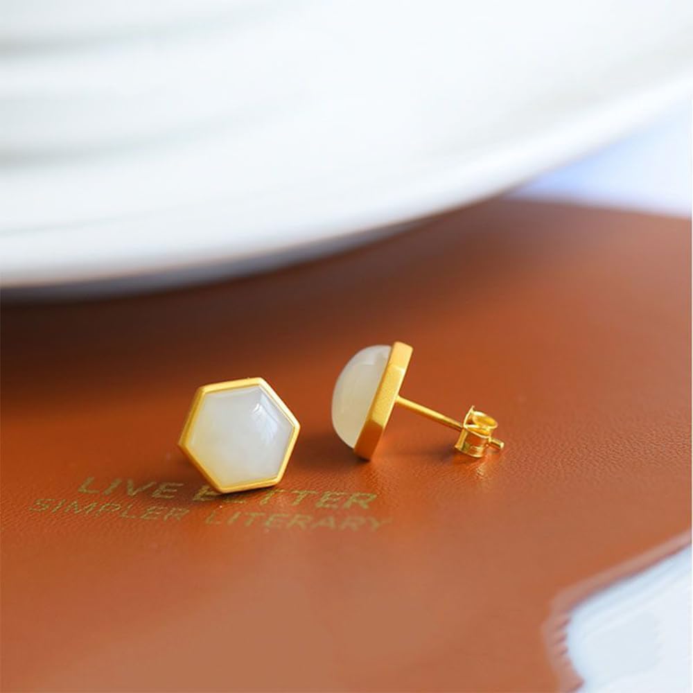 S925 Silver And Gold Plated With Natural White Jade Hexagonal Earrings for Women Yoga Genuine 2
