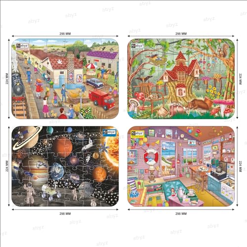 Image of ABYZ Wooden Jigsaw Railway Station,The Beach House, Sleepy Time, Space Puzzles 120pcs for Kids of Age 3-5 Years, Set of 4