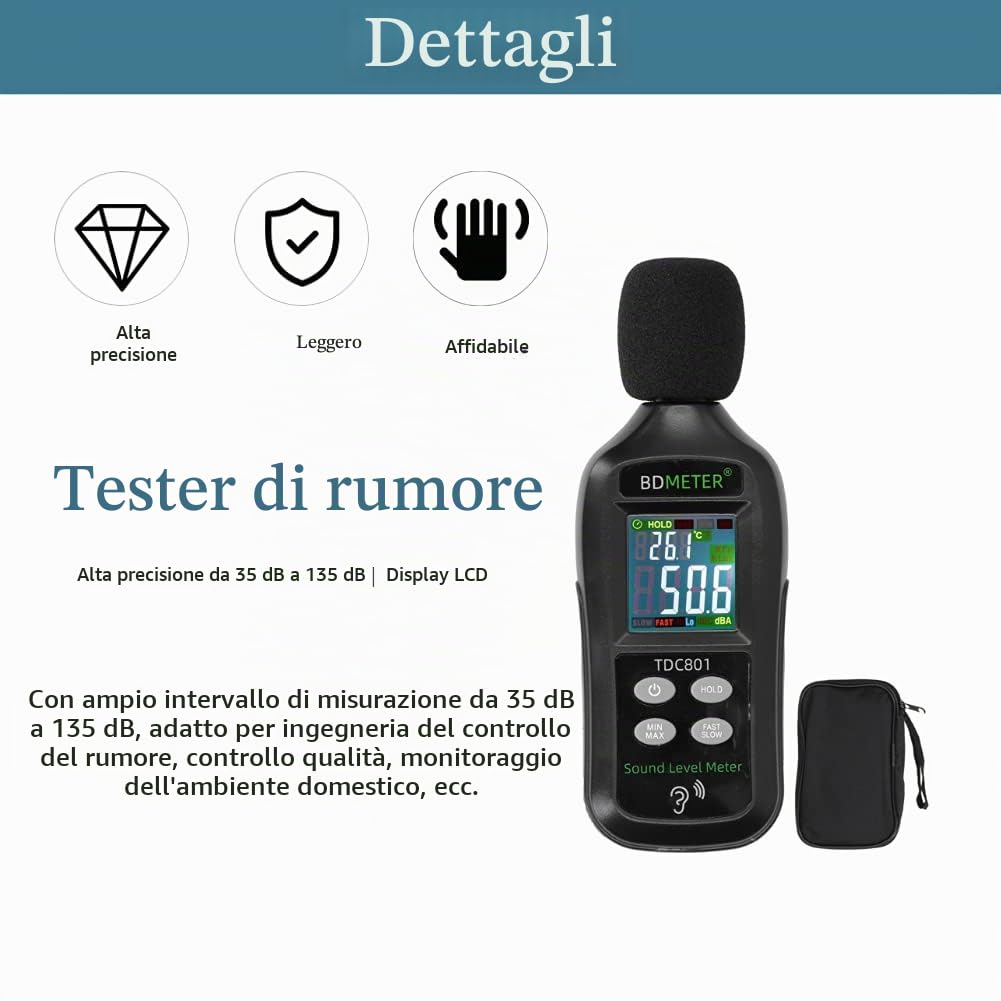 Misuratore di decibel, misuratore di rumore 35dB-135dB Lettore fonometro digitale, misurazione del rumore misuratore di livello sonoro digitale LCD