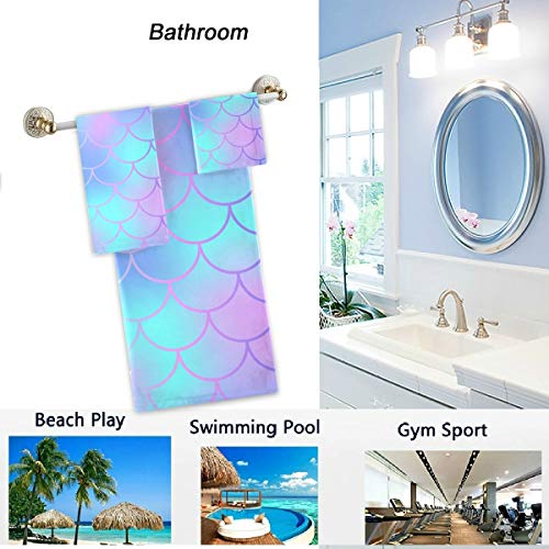 Naanle Magic Beautiful Mermaid Scale Pattern Soft Luxury Decorative Set Of 3 Towels, 1 Bath Towel+1 Hand Towel+1 Washcloth, Multipurpose For Bathroom, Hotel, Gym, Spa And Beach #TOP3