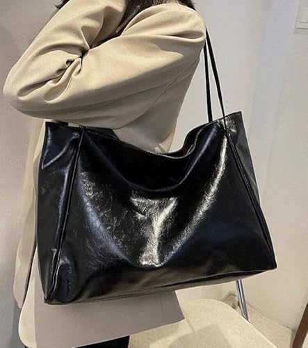 شنطة كتف جلدية للنساء | سعة كبيرة للعمل والمدرسة والسفر والاستخدام اليومي | انيقة مع احزمة طويلة | تصميم خفيف الوزن ومتين (اسود)