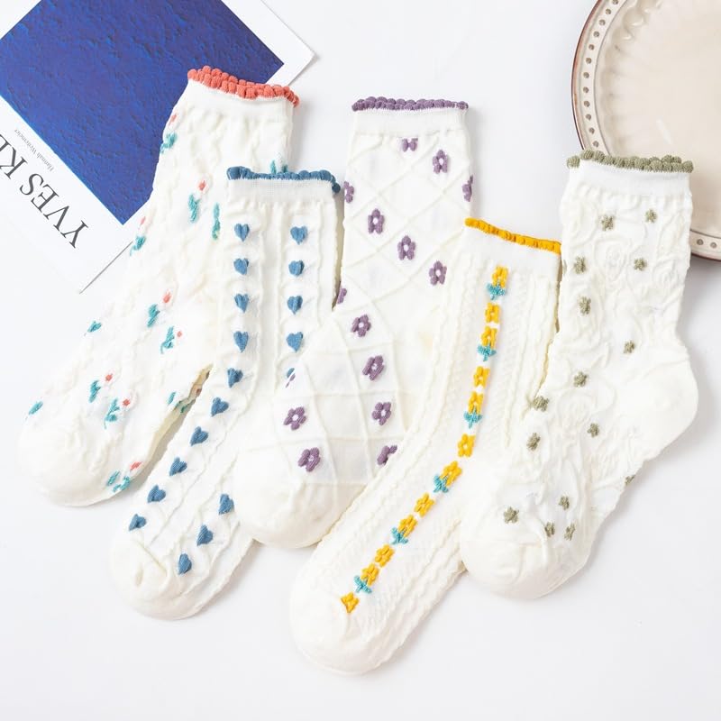 Image of 5 Pairs White Cute Socks, Women's Lace Ruffles Ankle Casual Sock, Cottagecore Breathable Socks, Floral Crew Socks
