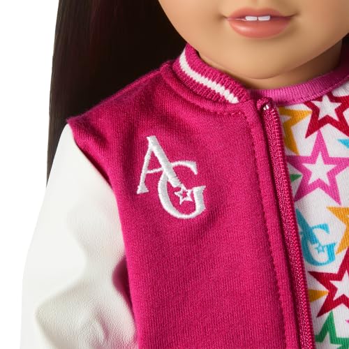 Image of American Girl Truly Me 18-inch Doll #124 with Brown Eyes, Straight Black-Brown Hair, Light-to-Medium Skin + Western Flowers Denim Jumpsuit, with Cowboy Boots, Ages 6+ Bundle