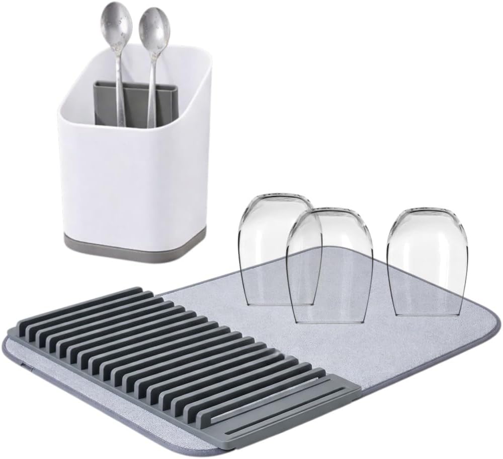 Dish Drying Mat for Kitchen Counter Set with Removable Rack and Utensil Holder, Ultra Absorbent and Fast Kitchen Drying Mat Size XL, Non-Slip, Heat Resistant.