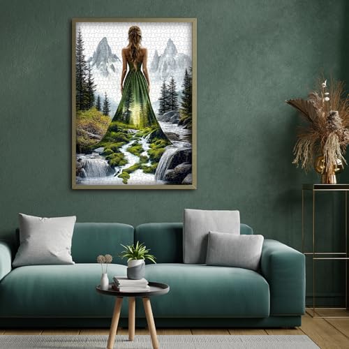 Rompecabezas para adultos de 1000 piezas: Mujer en paisaje boscoso, escena montañosa y fluvial, rompecabezas de naturaleza con temática femenina miniatura 3