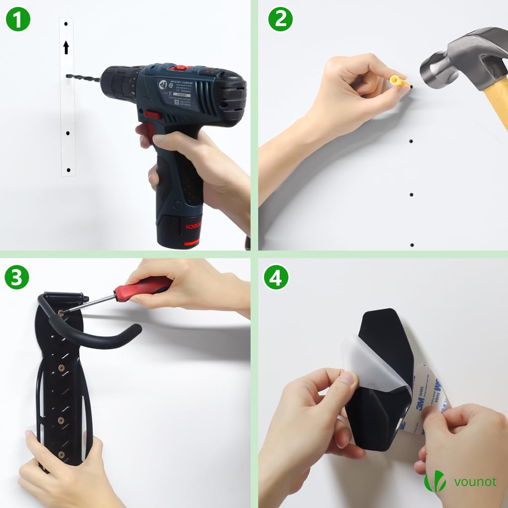 VOUNOT® 4 Pezzi Supporto per Biciclette da Parete Pieghevole, Portabici da Muro Salvaspazio con Cuscinetti, Gancio Appendere Verticale per Garage Cantina Shed, Nero