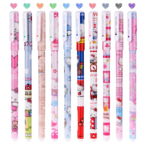 OFFCUP Bolígrafos Lindos De Tinta De Gel, 10pcs Bolígrafos Lindos De Colores, Bolígrafo De Gel De Colores- 0,38mm, Regalo Cumpleaños Infantiles Colegio Premios Escolares - Gato de Caricatura