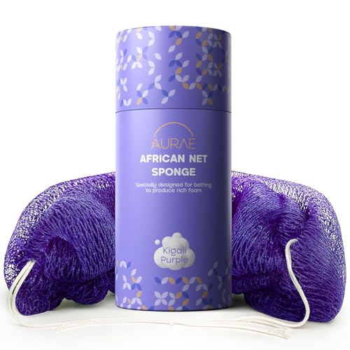 AURAE Esponja Africana Djampe – Esponja Africana Exfoliante para Baño y Ducha – Malla Suave, Duradera y de Secado Rápido, 115cm, por Espalda y Cuerpo para Todo Tipo de Piel - Púrpura