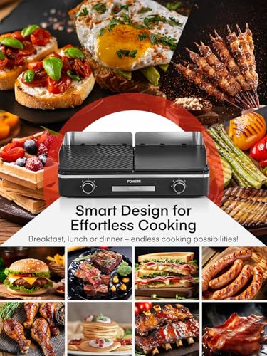 FOHERE Griglia Elettrica, 2400W, due piastre in alluminio fuso (superfici liscia e scanalata), controllo indipendente della temperatura, 5 livelli, rivestimento antiaderente, nero. - immagine 3