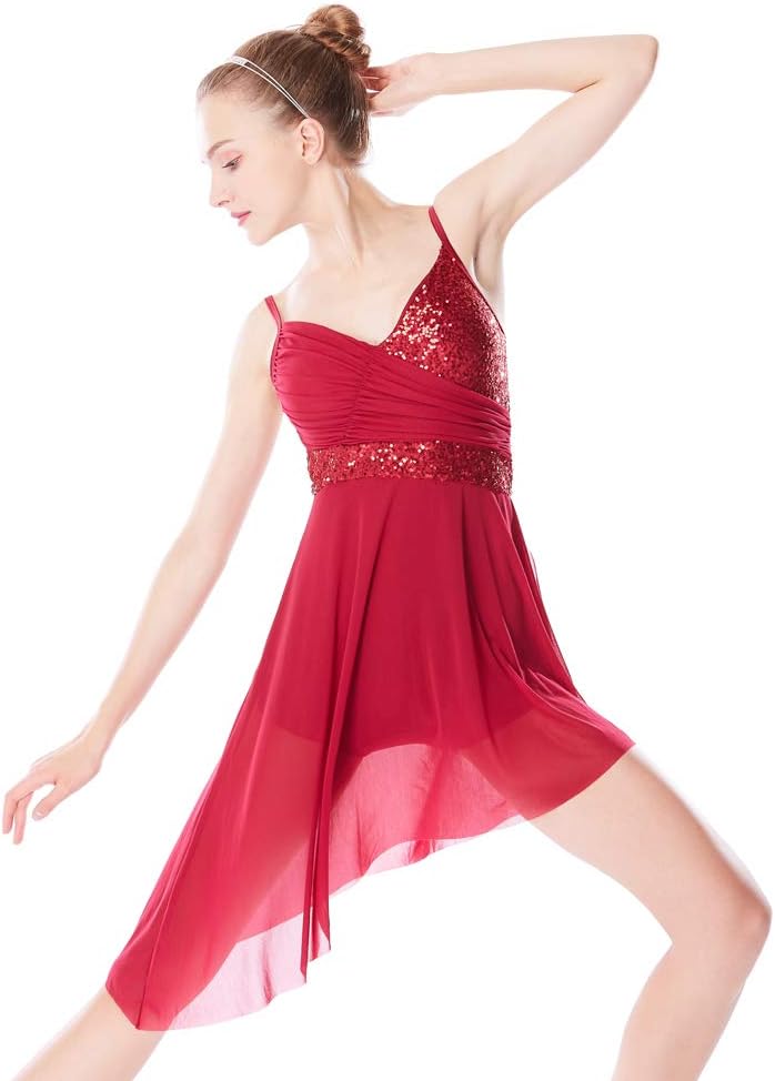 MiDee Girl's V-Neck Sequined High-Low Lyrical Dress Dance Costume Competition Performance Wear