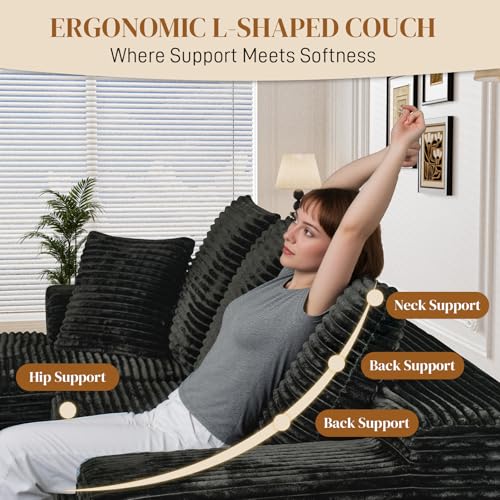 Image of 108 inch L Shaped Boneless Sectional Couches for Living Room, Wide Armrest, Deep Seat, Memory Foam, Assembly Free, Modern Comfy Corduroy Fluffy Cloud Sofa with Left Chaise, Black
