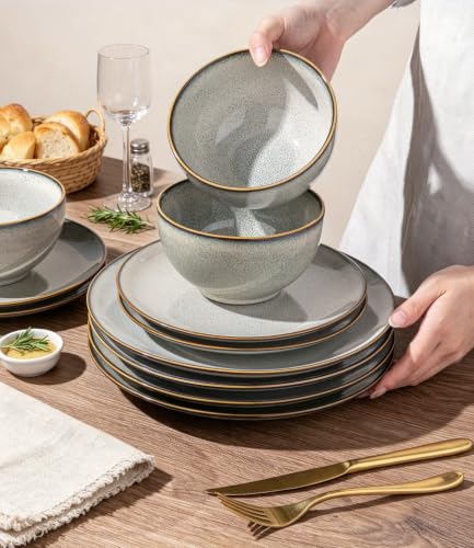 Image of GBHOME Dinnerware Sets for 4, 12 Pieces Ceramic Plates and Bowls Set