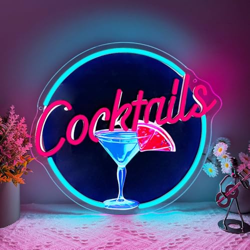 Image of Cocktails Neon Signs for Wall Decor,UV Print Cocktails Glass LED Neon Light Up Sign for Beer Bar Art Wall Lights,Bar Party,Pub,Night Club,Man Cave Decor,Adjustable Brightness