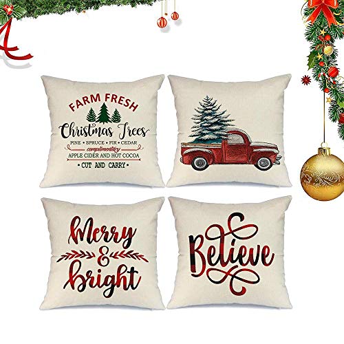 Wondsea Set mit 4 Weihnachtskissenbezügen, Weihnachtsbaum, Auto, Text, Dekor, Überwurf-Kissenbezüge, Retro-LKW, Kissenbezug, 45,7 x 45,7 cm, Heimdekoration Cover