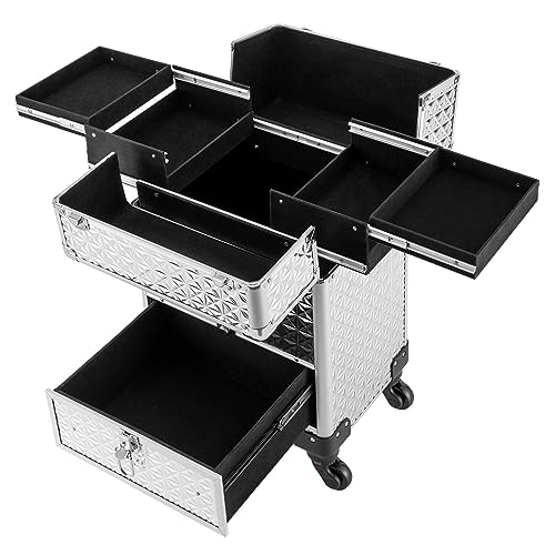 LYNICESHOP Rolling Makeup Train Case, Professional Rolling Makeup Train Case Cosmetic Trolley Organizer Makeup Case for hair stylist pet groomer makeup artist etcSilver
