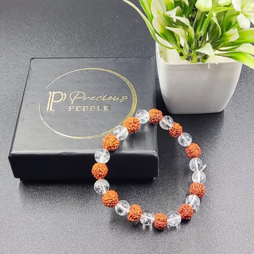 Clear Quartz & Rudraksha Beaded Bracelet – Natural Healing Stones for Clarity, Spiritual Protection & Inner Peace, Yoga for Men & Women, Adjustable Size - Image 5