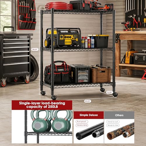 Image of Simple Deluxe 3-Tier Heavy Duty Adjustable Storage Shelf with Wheels, 23.23 inchW x 13.39 inchD x 30.31 inchH, Mobile or Stationary Metal Shelving Unit, Easy Assembly for Kitchen, Pantry, Laundry Room, Black