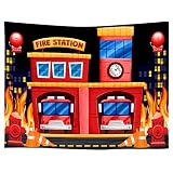 MTMETY 7x5ft Soft Fabric Fire Station Backdrop Fire Truck Hydrant Alarm Photography Background City Silhouette Rescue Firefighter Party Supplies Decor Photo Booth Studio Props RBJLSME009