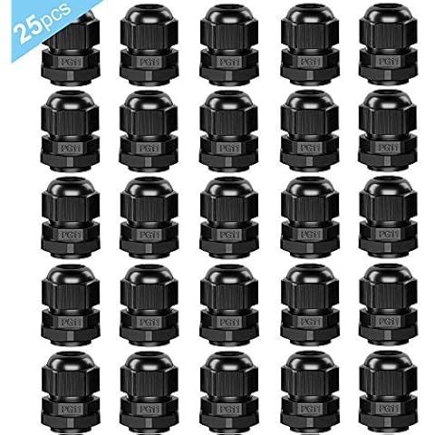 QitinDasen 25Pcs Premium Nylon PG11 Cable Gland, 5～10mm Adjustable IP68 Waterproof Cable Glands Joints, Waterproof Cable Gland Connector with Gaskets (Black) Cover