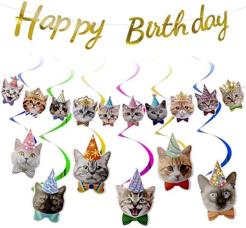 Cat Themed Banner Birthday Decorations, Hanging Paper Cuttings and Vortex-Shaped Birthday Party Banners Happy Birthday Sign Party Decor Supplies for Kids, Boys, Girls